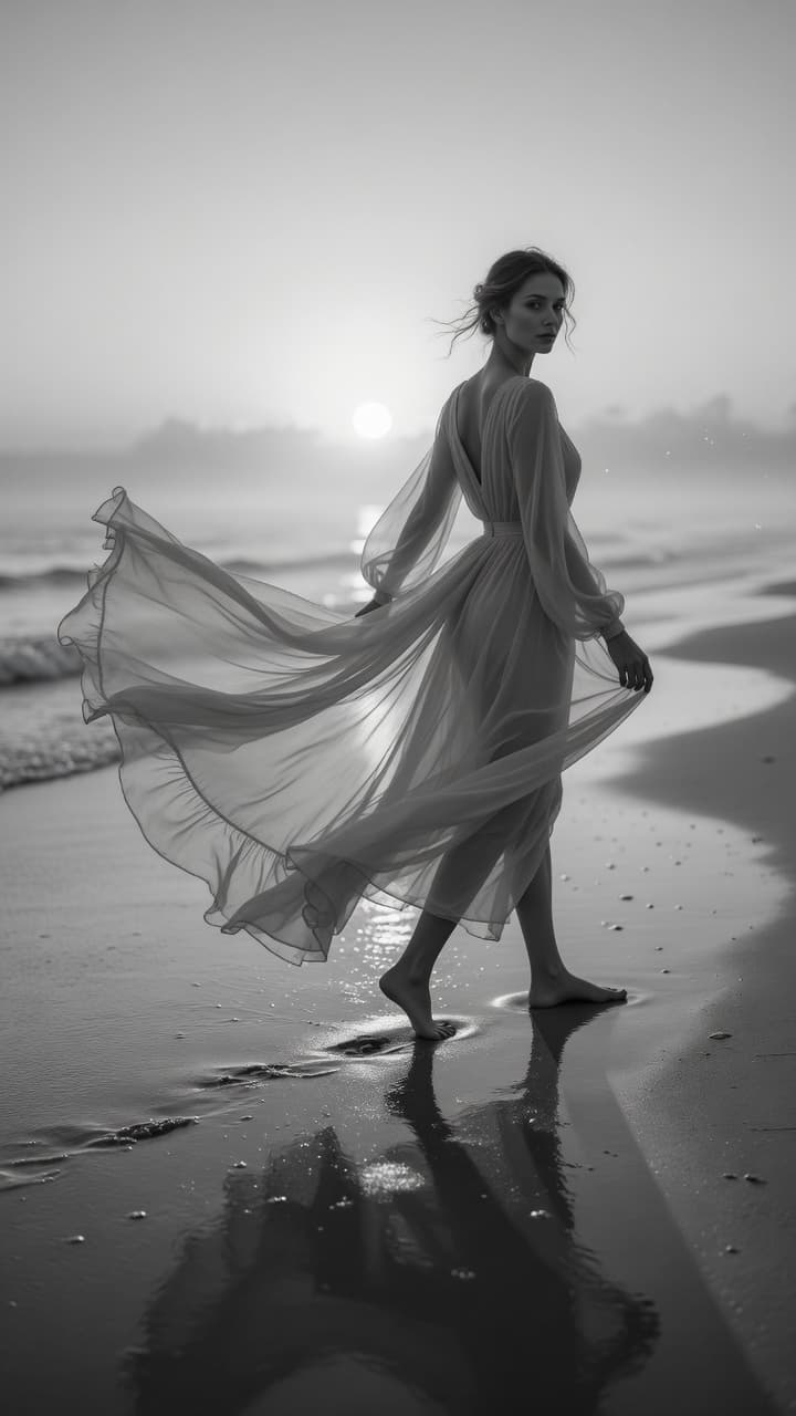 AI generated: A mesmerizing black-and-white fashion photograph: a graceful woman walks barefoot along a deserted b...