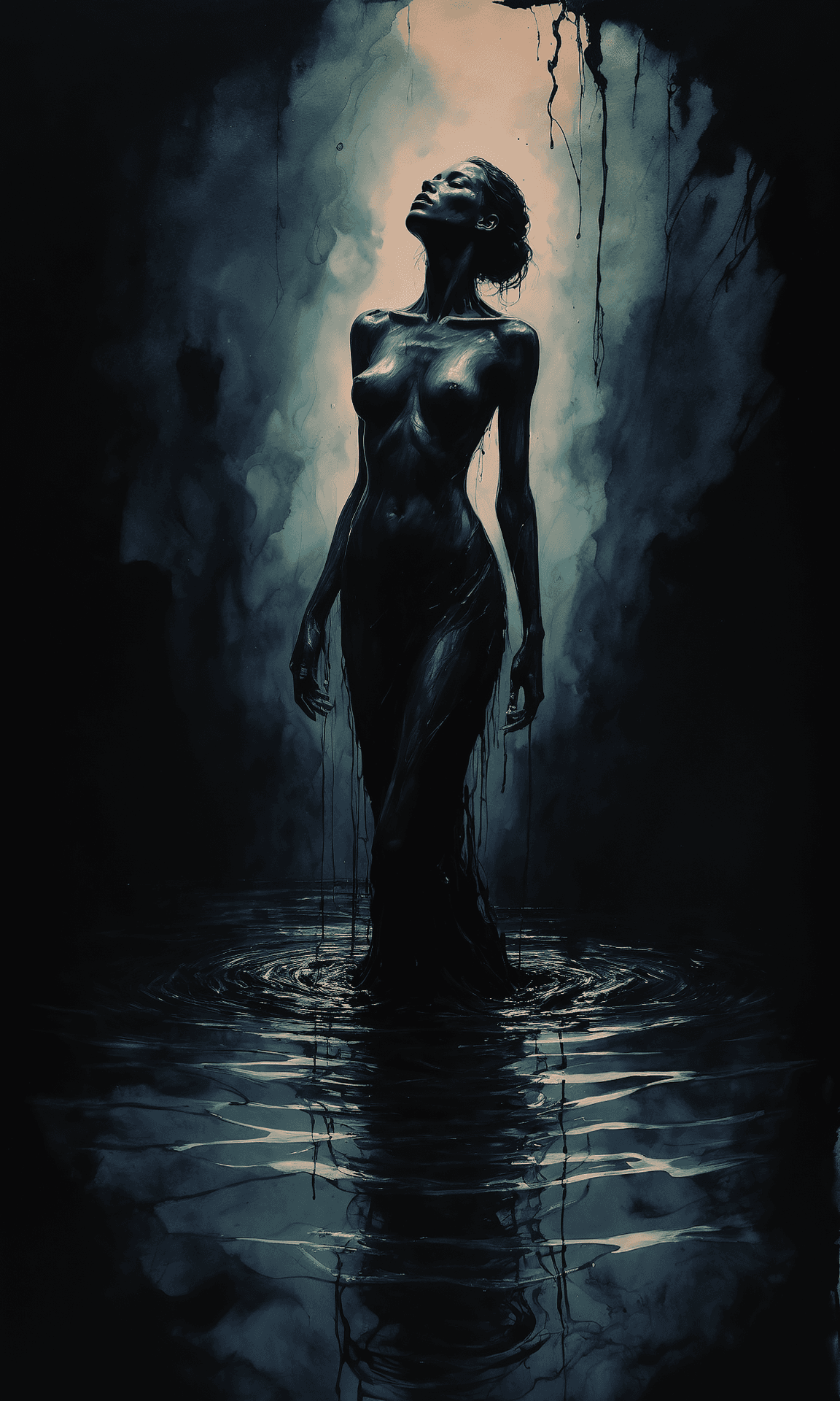 AI generated: Painterly, shadow play, a gorgeous woman as a silhouette in darkness, slender body covered in oily s...