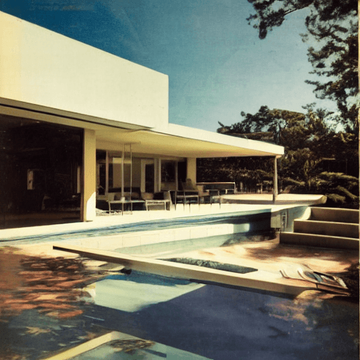 AI generated: hyper realistic eye level exterior photo of a mid century modern style house overlooking the ocean, ...