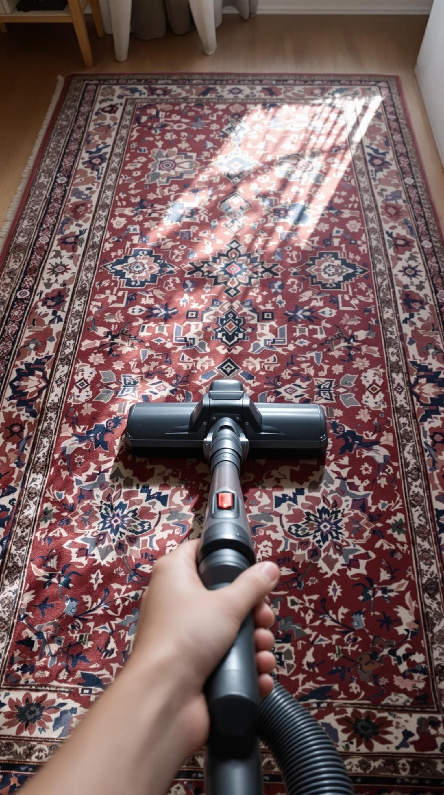 AI generated: POV first-person, I am vacuuming the floor in my small, minimalist home. The camera captures my firs...