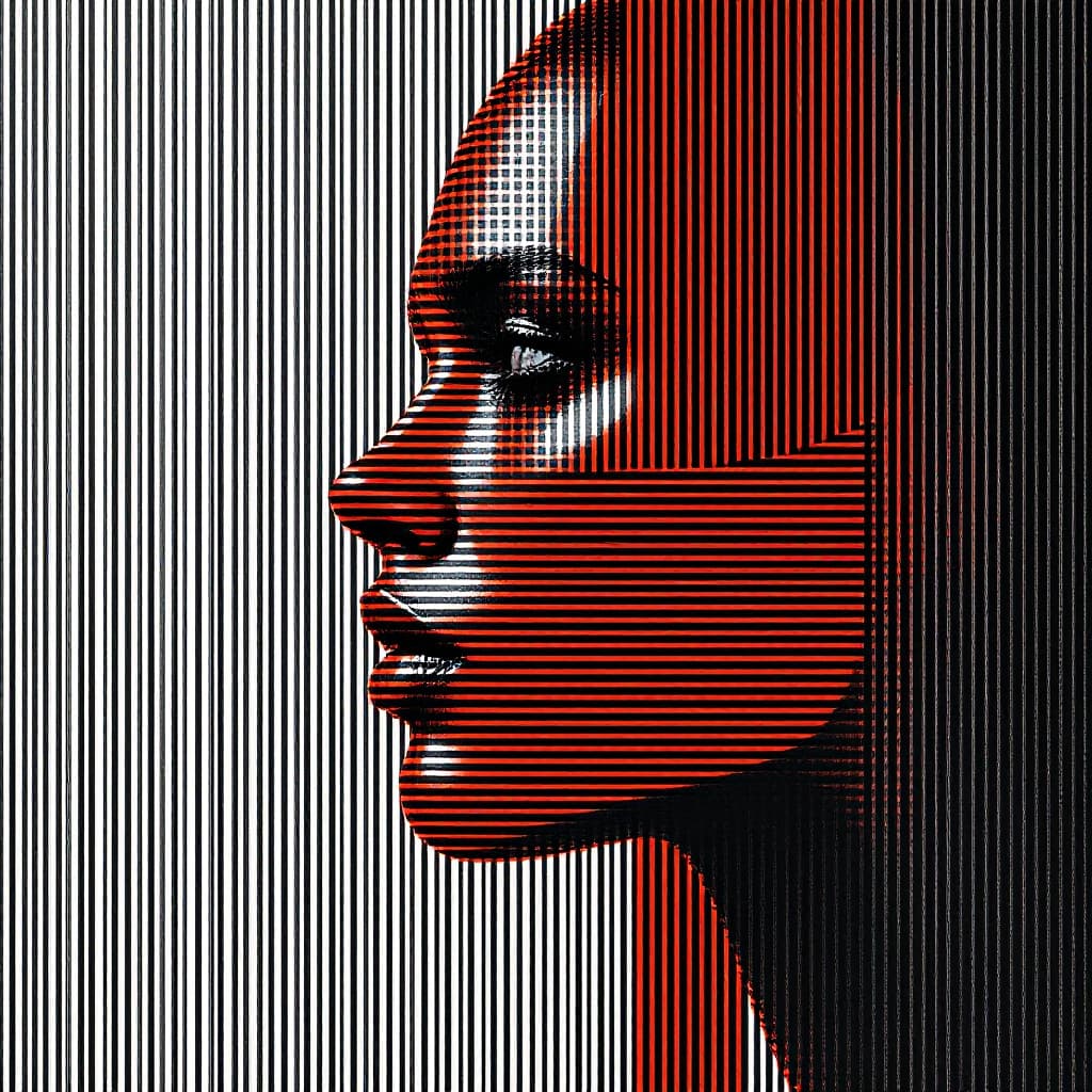 AI generated: modern art, man model face side with minimalist overlay of stripes graphic design, flat, focus on th...