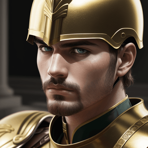 AI generated: Medium close up of a greek soldier, achilles helmet, serious face looking at camera, facial hair, go...