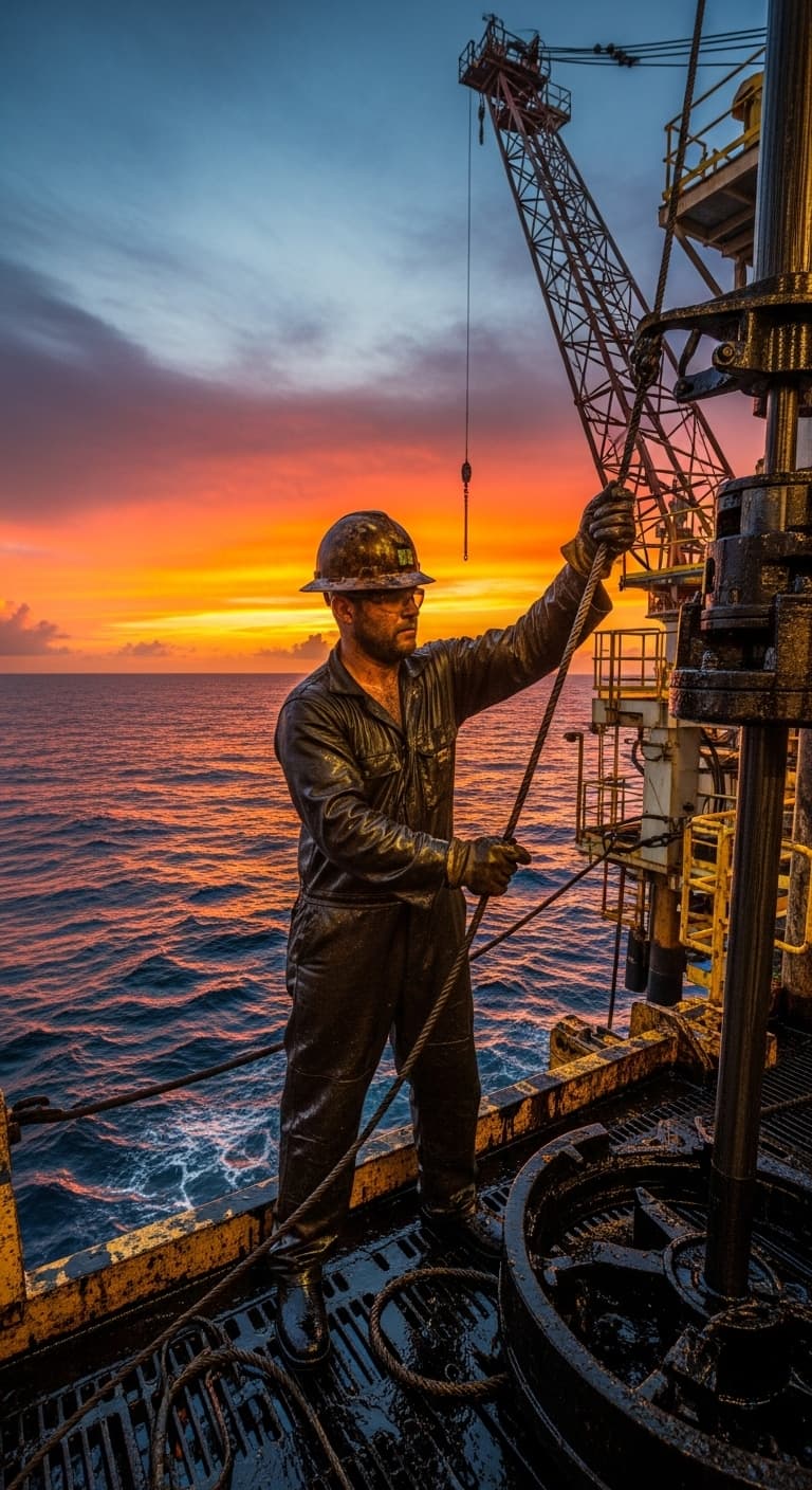 AI generated: Rough neck working at a oil rig, he is covered in crude oil from a previous leak. Vivid colors, natu...