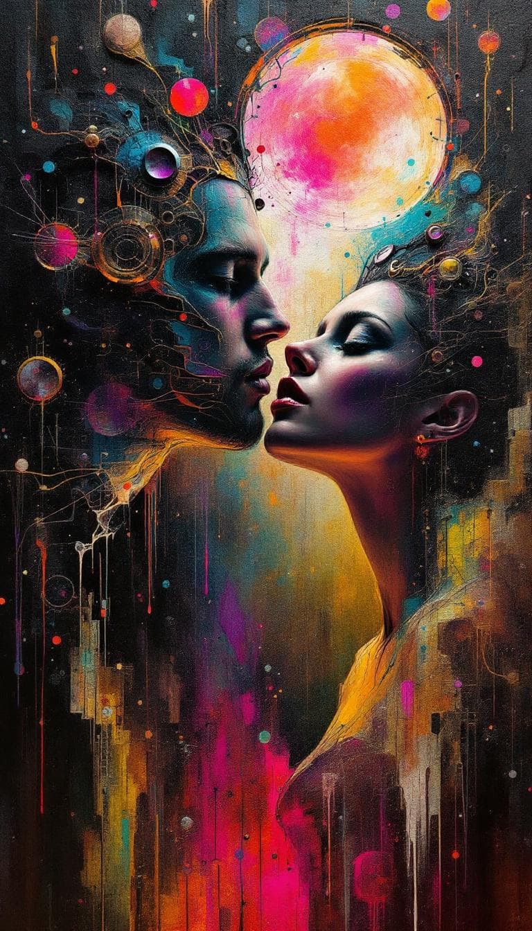 AI generated: Style: vintage art noir scratched film,  classic oil painting in the style of bold vibrant neon abst...