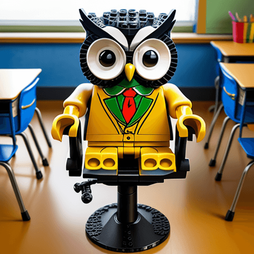 AI generated: a  teacher's owl sit on classroomchair all parts will be created by lego full body
