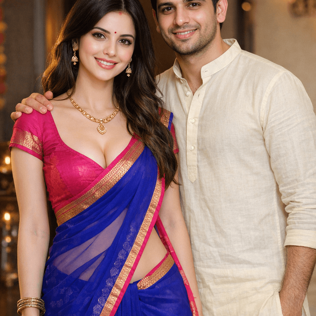 AI generated: Generate and Image of an 24 years age Indian couple, woman wearing saree exposing navel and cleavage...