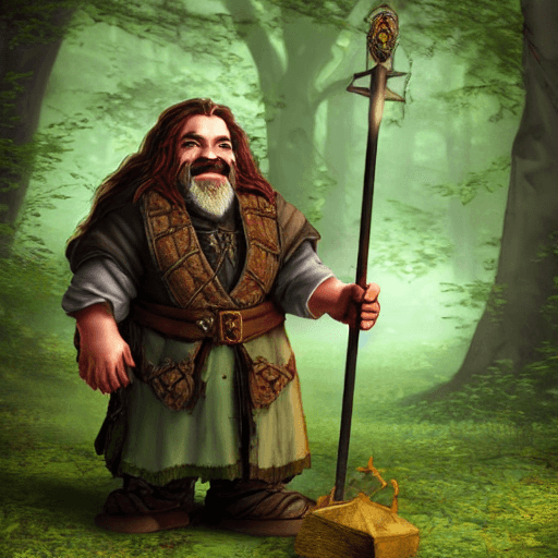 AI generated: photorealistic, full figure, smiling dwarf dressed as a necromancer with a staff in his hand, walks ...