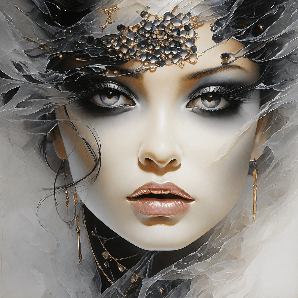 AI generated: Close up  face portrait of a beautiful crystalline woman, elegant decorations, makeup, style by Thom...
