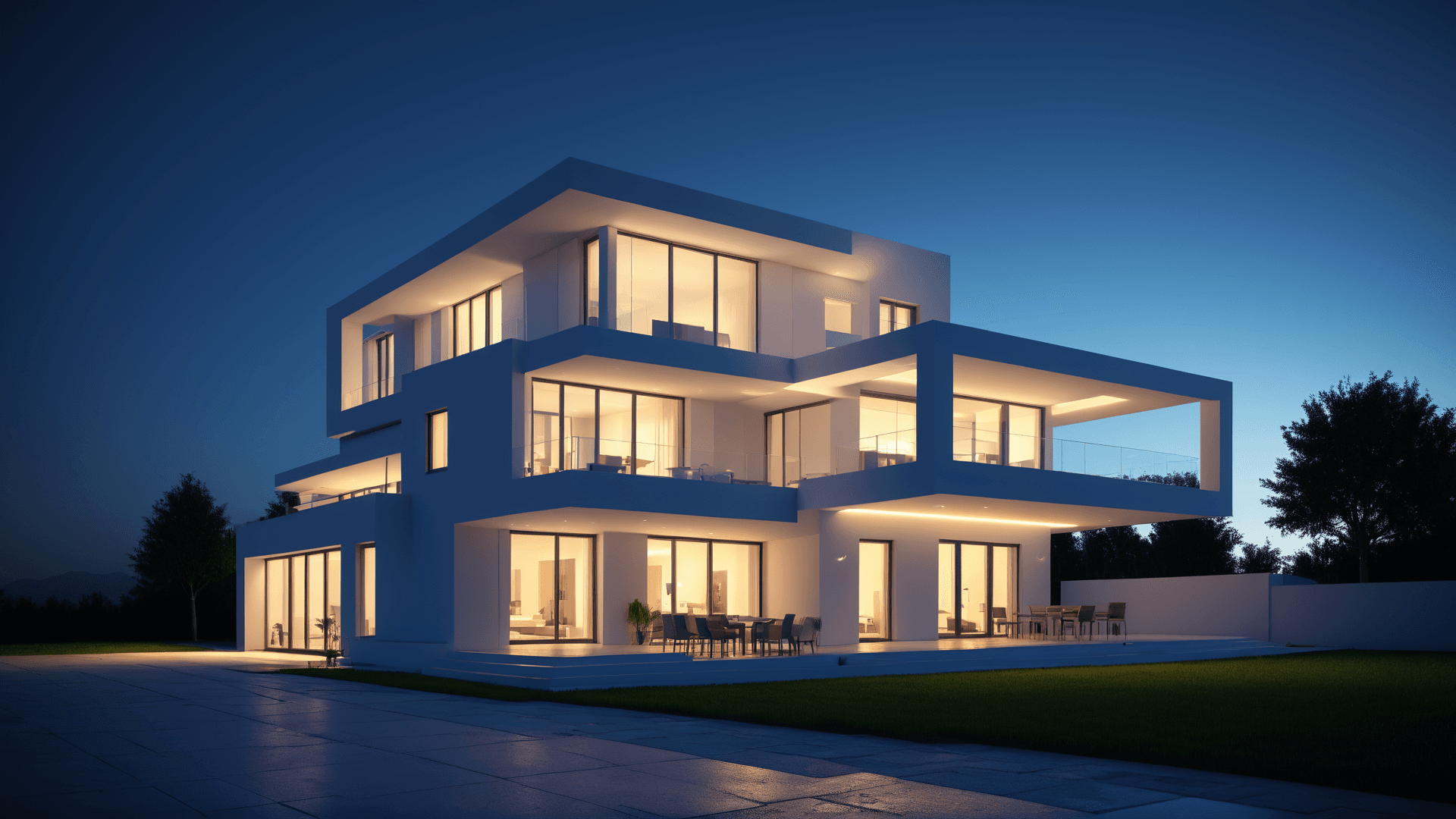AI generated: realistic eye level photo of a modern house, horizon, indirect lighting, raytracing, neon 