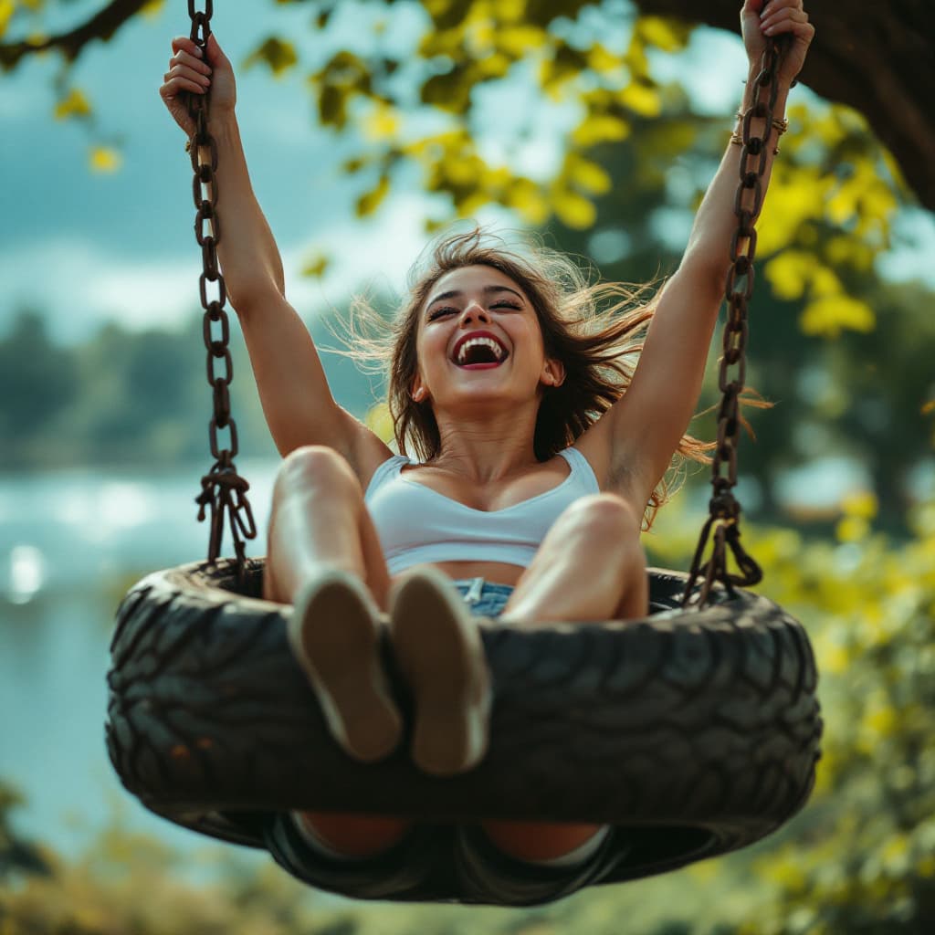 AI generated: An excited beautiful 30 year old female swinging from a tire swing. color graded, 8k HDR, vivid, bri...