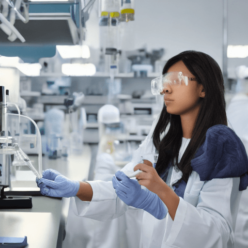 AI generated: Girl, (female scientist:1.3), gaze directed at camera, working in lab, distant view, expiration date...