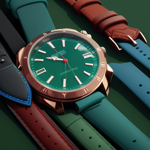 AI generated: one Single wristwatch, lying flat, from left to right, with a green band, blue bezel, red dial; watc...