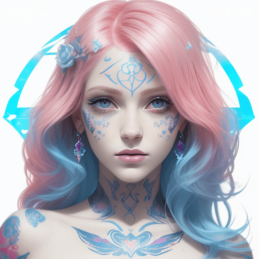 AI generated: beauty beautiful dreamlike  model expressive gaze prismatic tattoo designs by karimah,  rose pink ha...