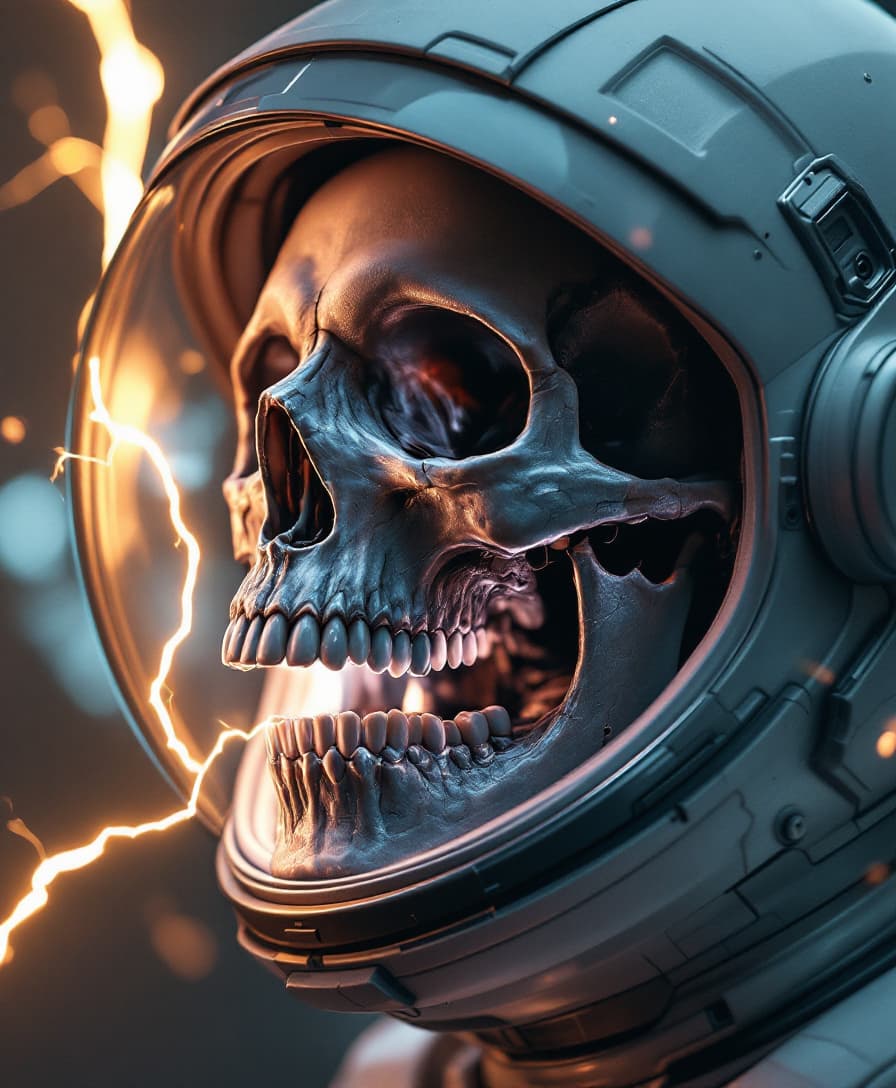 AI generated: astronaut open helmet, human skull, perfect teeth, lightning coming out of the open mouth, futuristi...