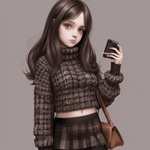 AI generated: Sweet girl holding a smartphone wearing a dark sweater and checkered mini skirt, with long dark brow...