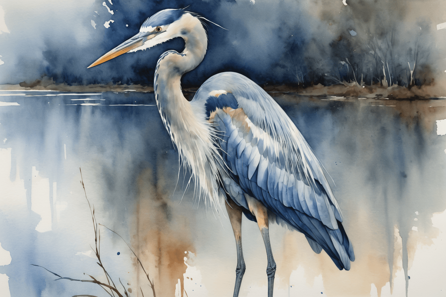 AI generated: A heron stands gracefully with its long neck extended and sharp beak pointing slightly upwards, Rend...