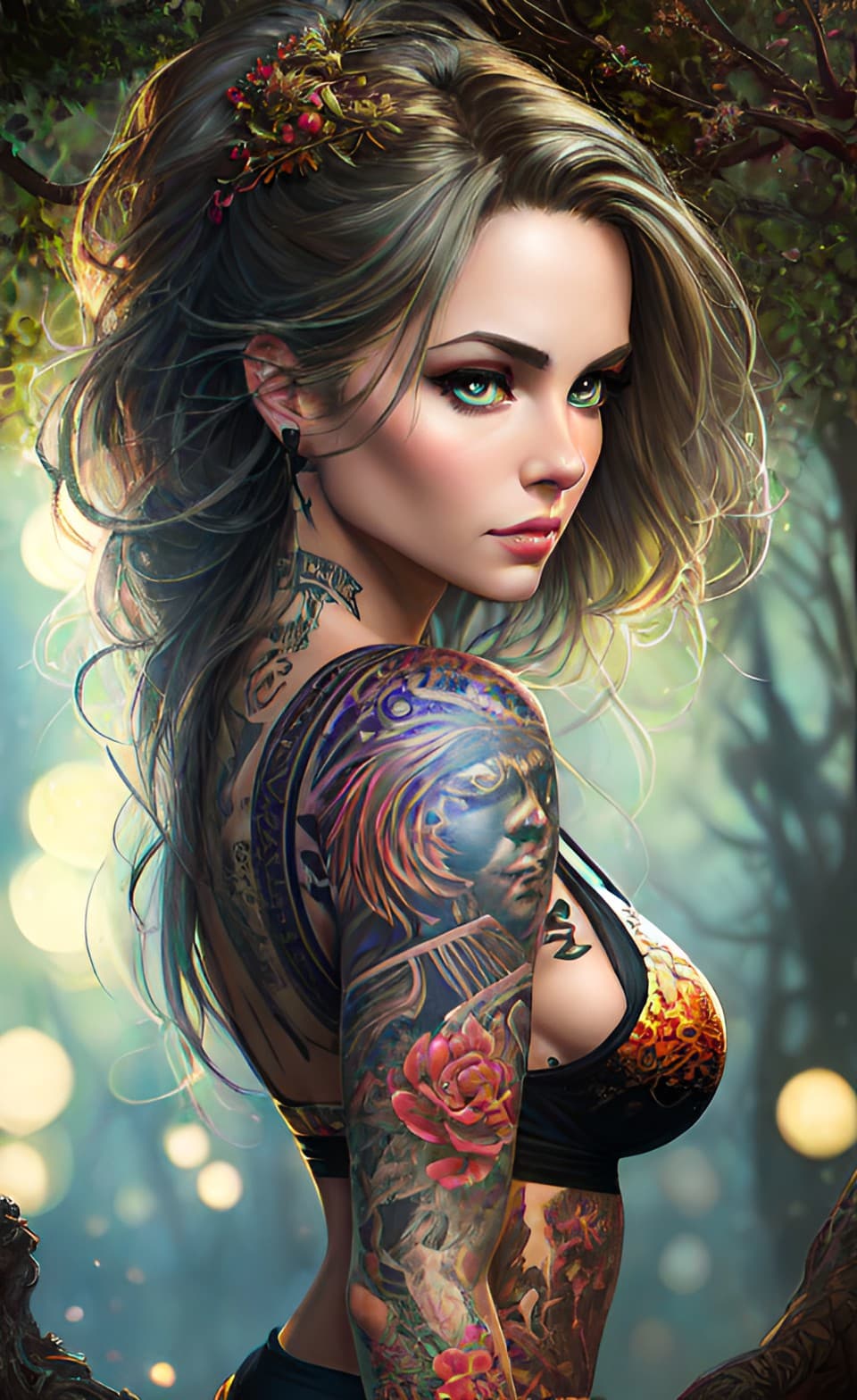 AI generated: Beautiful attractive fantasy female anime portrait with visible vivid tattoos, ultra realistic, hype...