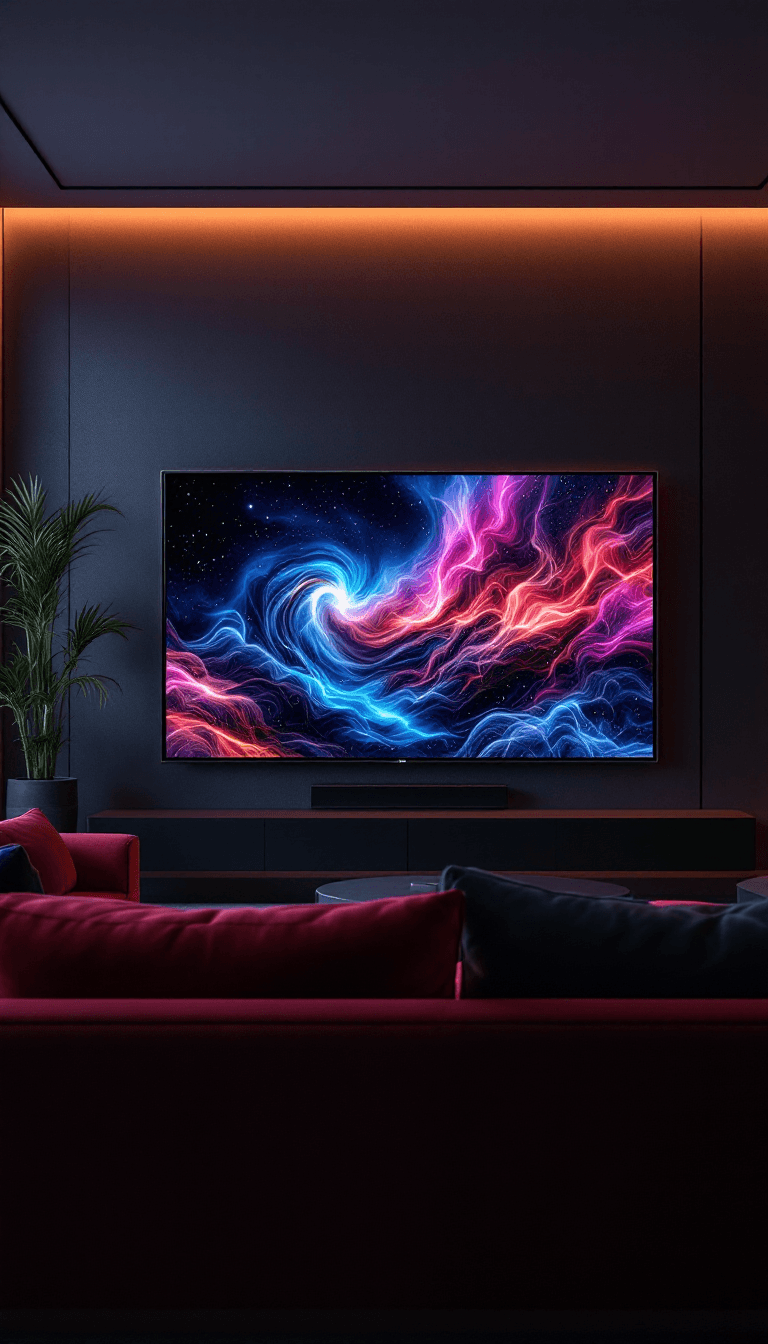 AI generated: photography,  face to large led tv samsung 85 " behind burgundy couch, living room is empty and tv i...