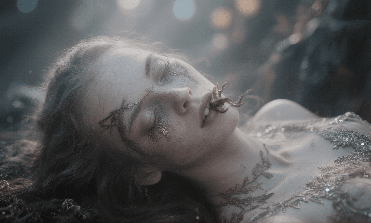AI generated: 4K, image. 
She came to me with a serpent's kiss
As the Eye of the Sun rose on her lips.
Moonlight c...