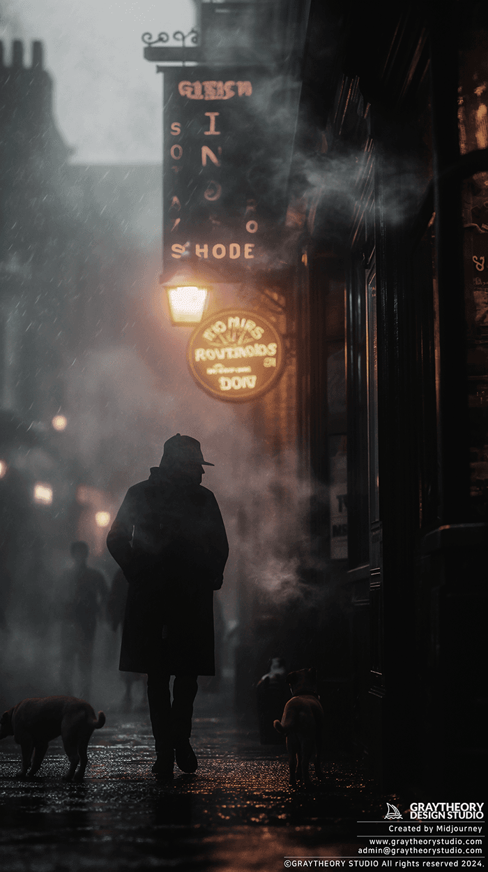 AI generated: photography, front view, realism lights, a thick fog effect, some people and dogs silhouette --chaos...