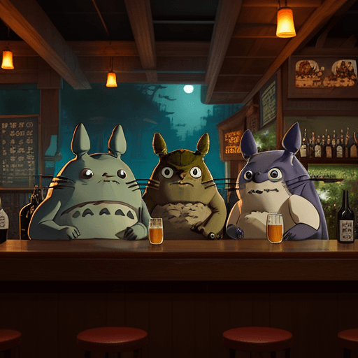 AI generated: a drunk totoro, catbus, and Yubaba, dringking beers at a bar, cinematic lighting, photorealism art b...