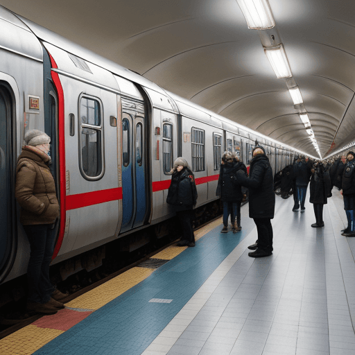 AI generated: People waiting in a Russian metro station beside empty train tracks