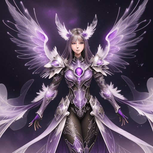 AI generated: sketch of purple glowing transparent armour with feathery purple wings swirling with white particles...