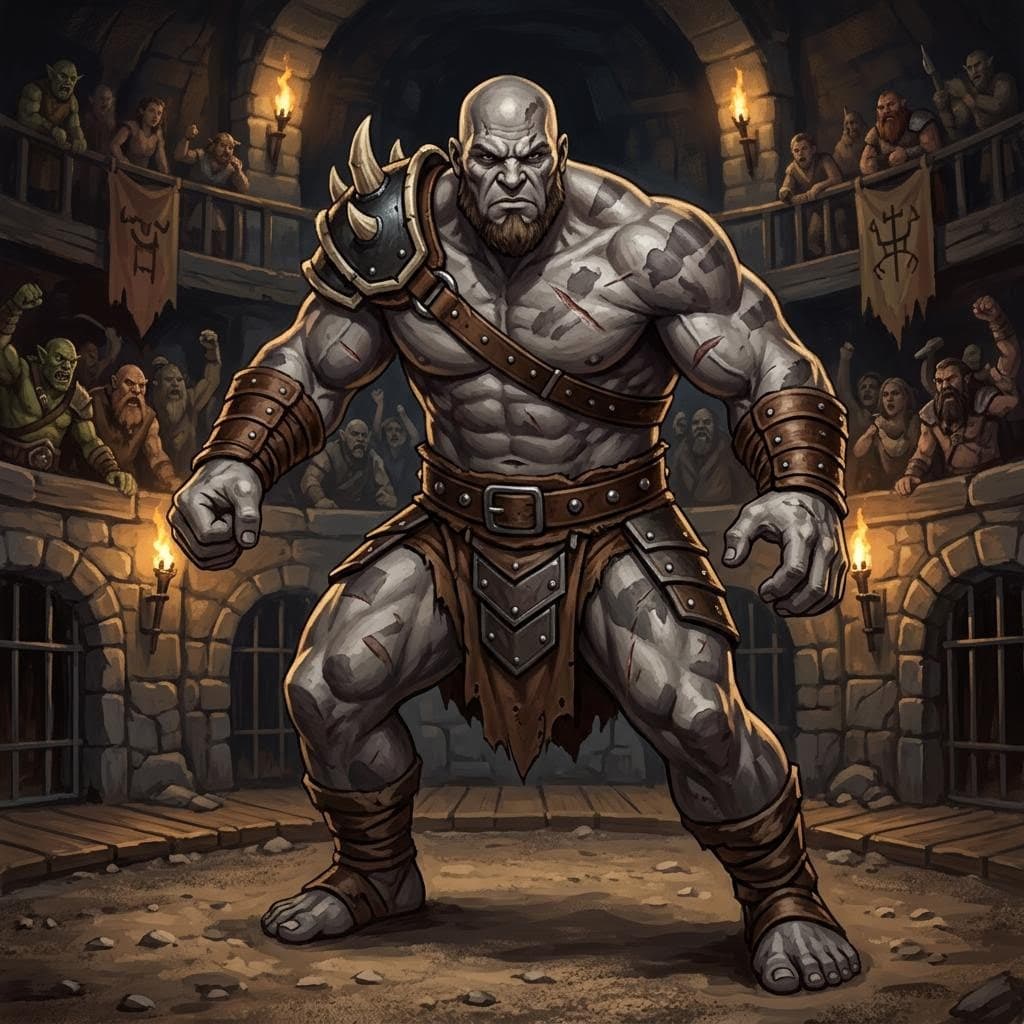 AI generated: a large male goliath wrestler in a fighting pose, dungeons and dragons style, pit fighting arena bac...