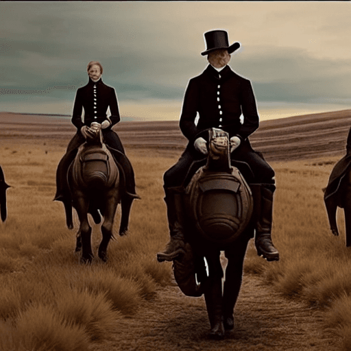 AI generated: sharp, highly detailed, film from a 2 0 1 9 sci fi 8 k movie, set in 1 8 6 0, the Trump famify ridin...