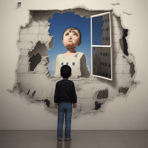 AI generated: A man standing by a realistic mind boggling 3D mural painting on the wall illustrating (A PALESTINIA...