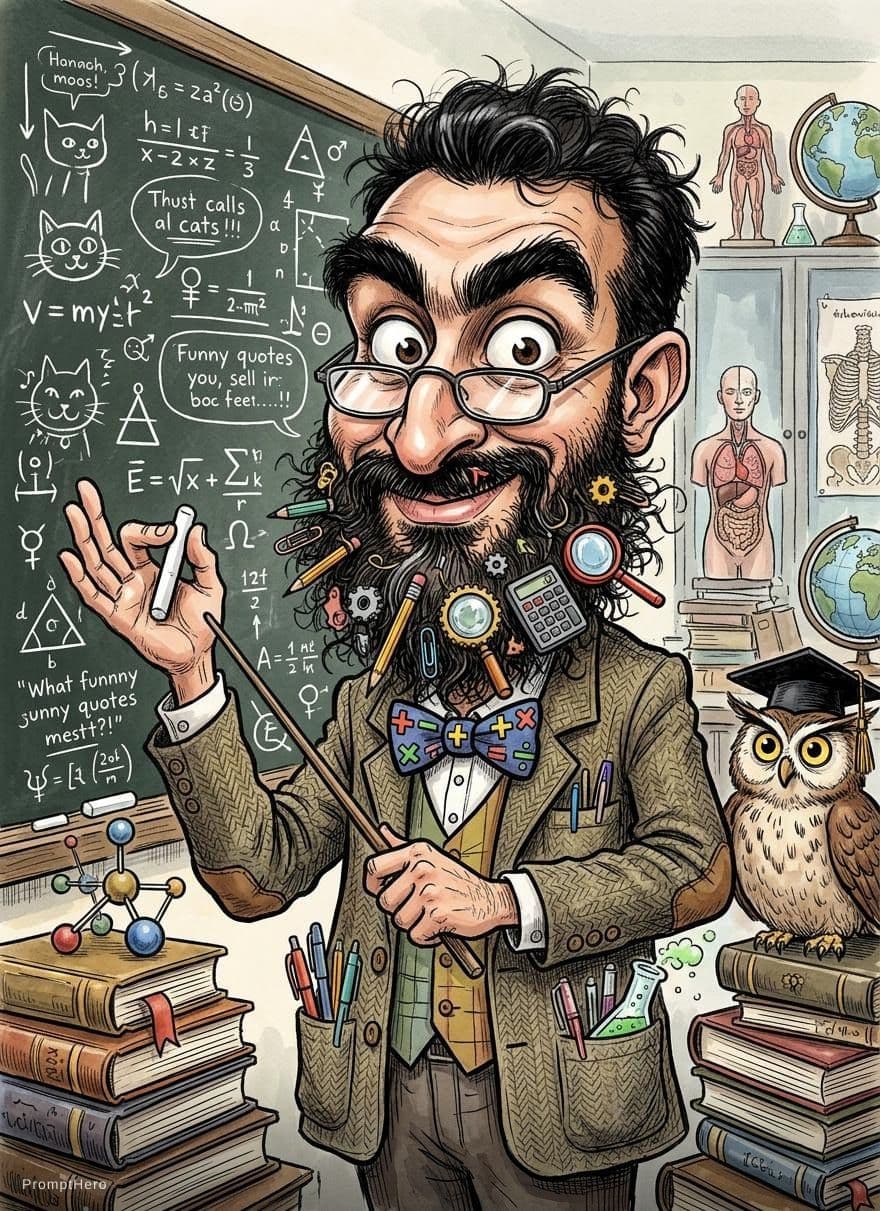 AI generated: funny caricature, eccentric professor caricature, male, middle eastern ethnicity