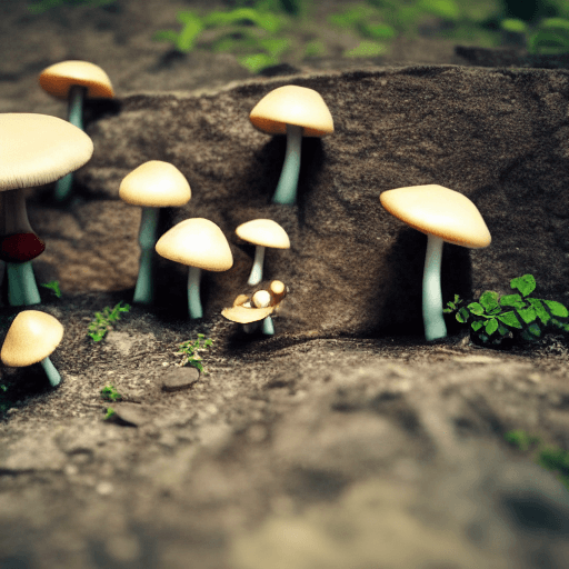 AI generated: awakened toadstool, mushroom with eyes, fantasy, tiltshift, --ar 16:9