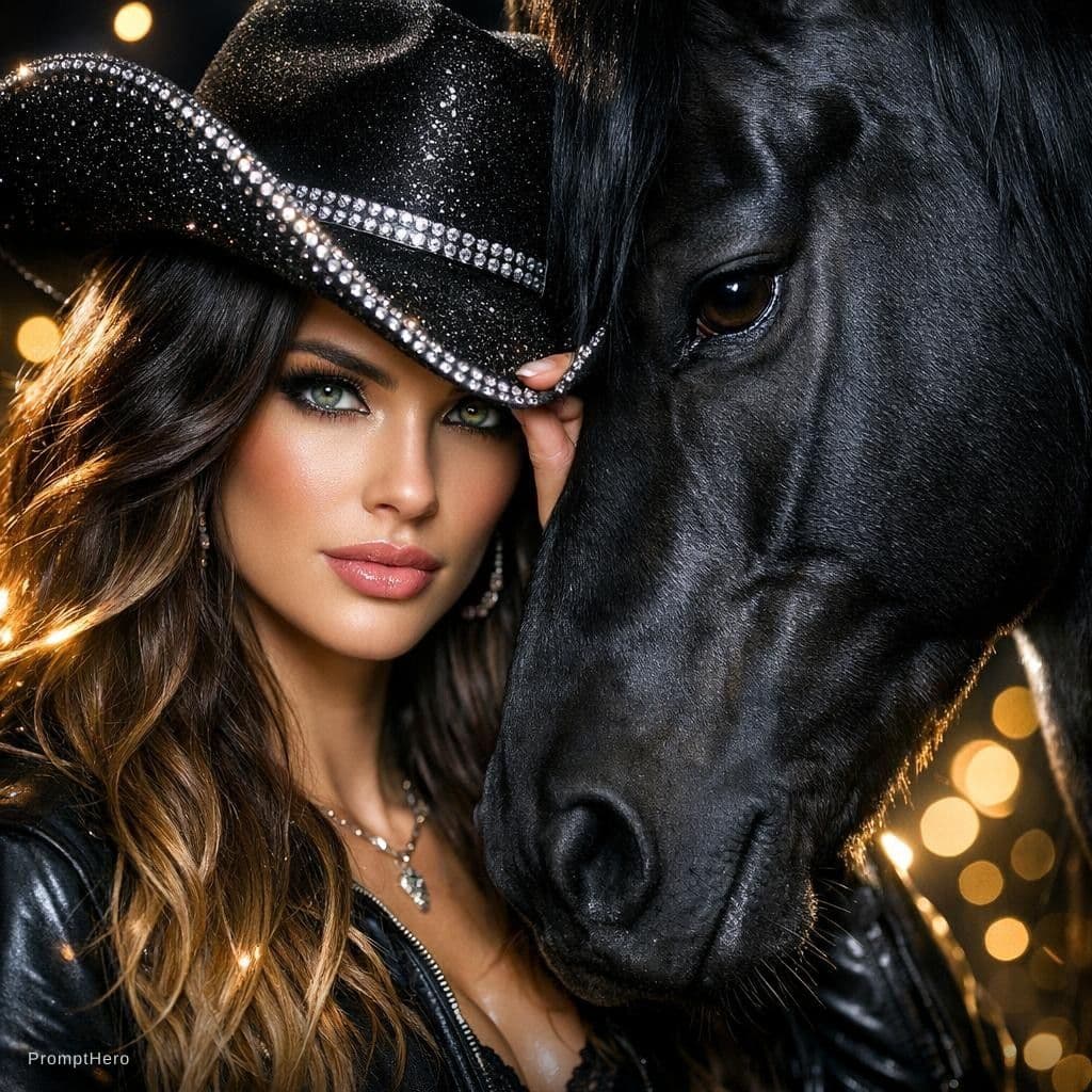 AI generated: A hyper-realistic glam fantasy full photo of a powerful Southern Texas cowgirl standing forehead-to-...