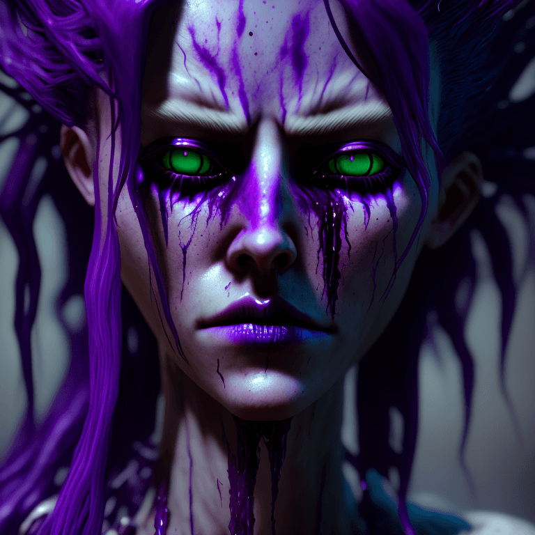 AI generated: an ultra realistic ethereal portrait of a beautiful  humanoid demon creature, long retro messy purpl...