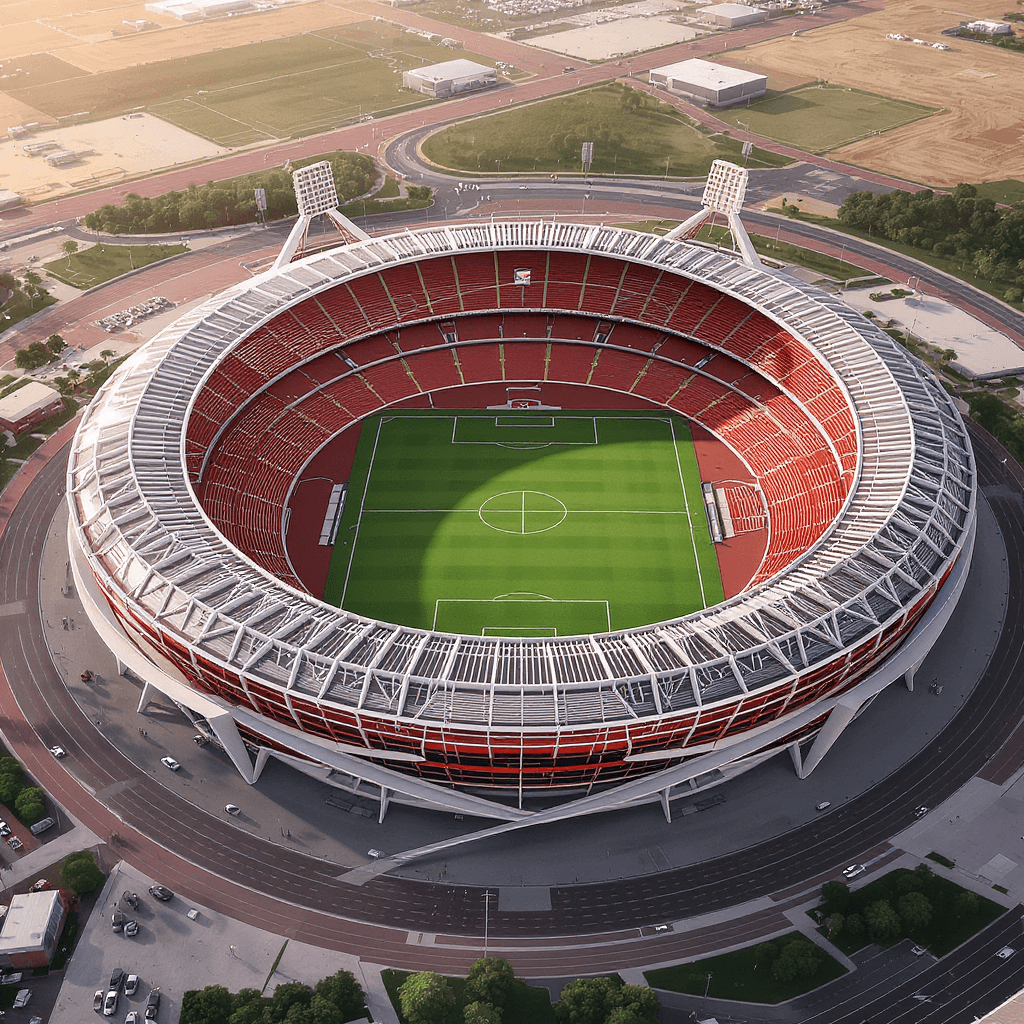 AI generated: Futuristic elliptical football stadium inspired by the shape of a modern track and field arena, slee...