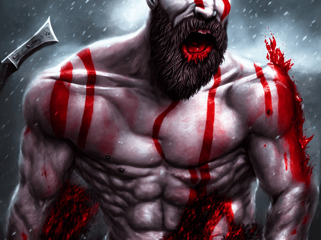 AI generated: kratos, god of war, holding giant bloody axe, snowstorm, blood moon, 64k, FHD, UHD, WHD, hyper detai...