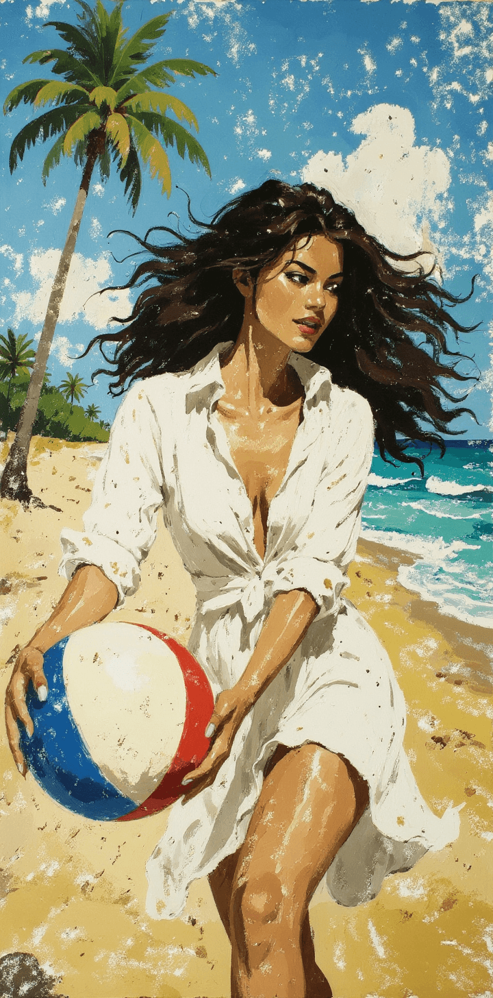 AI generated: a painting of a woman, in the style of brushstroke-intensive portraits, playing with big beach ball,...