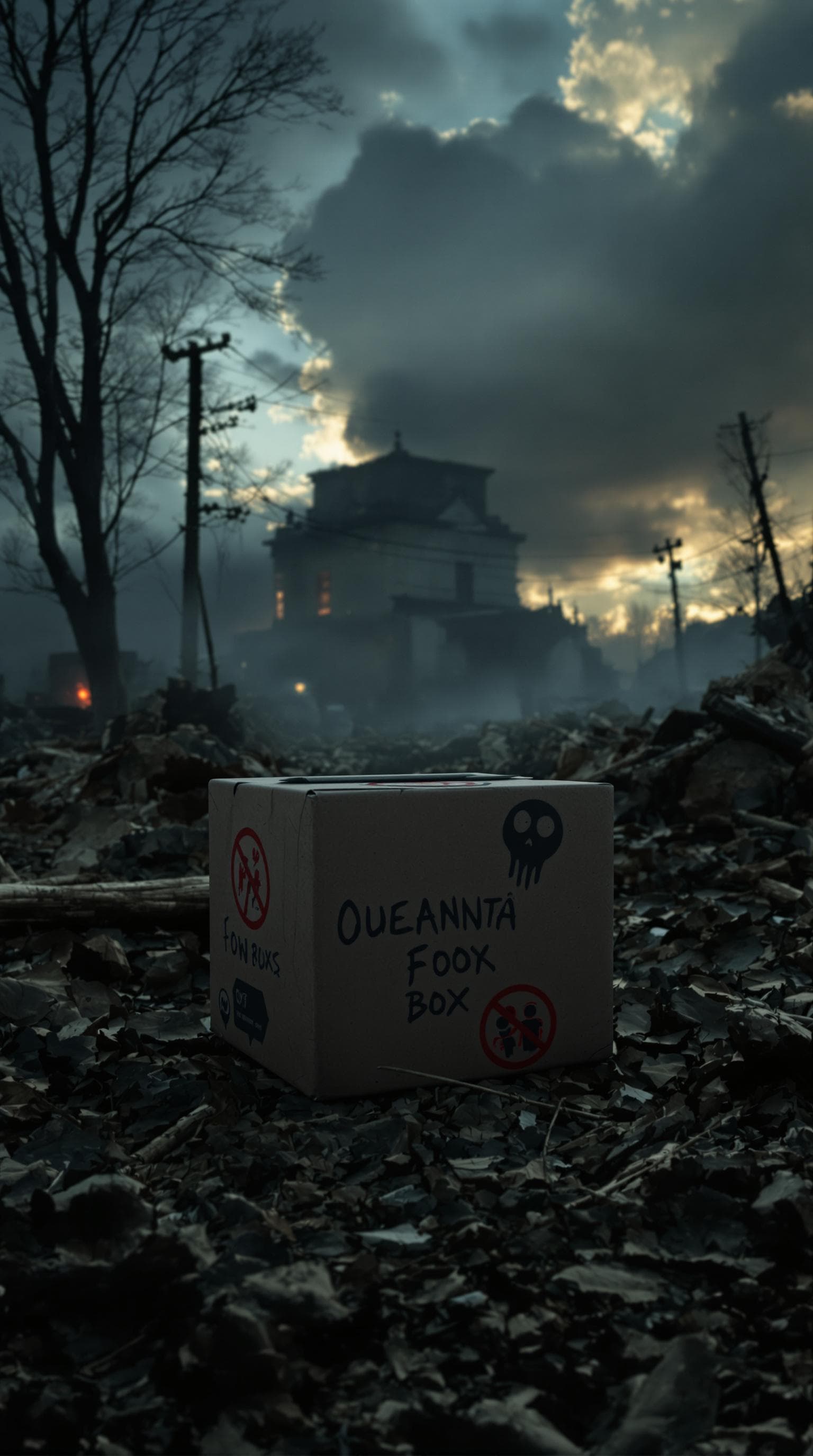 AI generated: a box placed in an apocalyptic setting, shadows, horror movie, cinematic