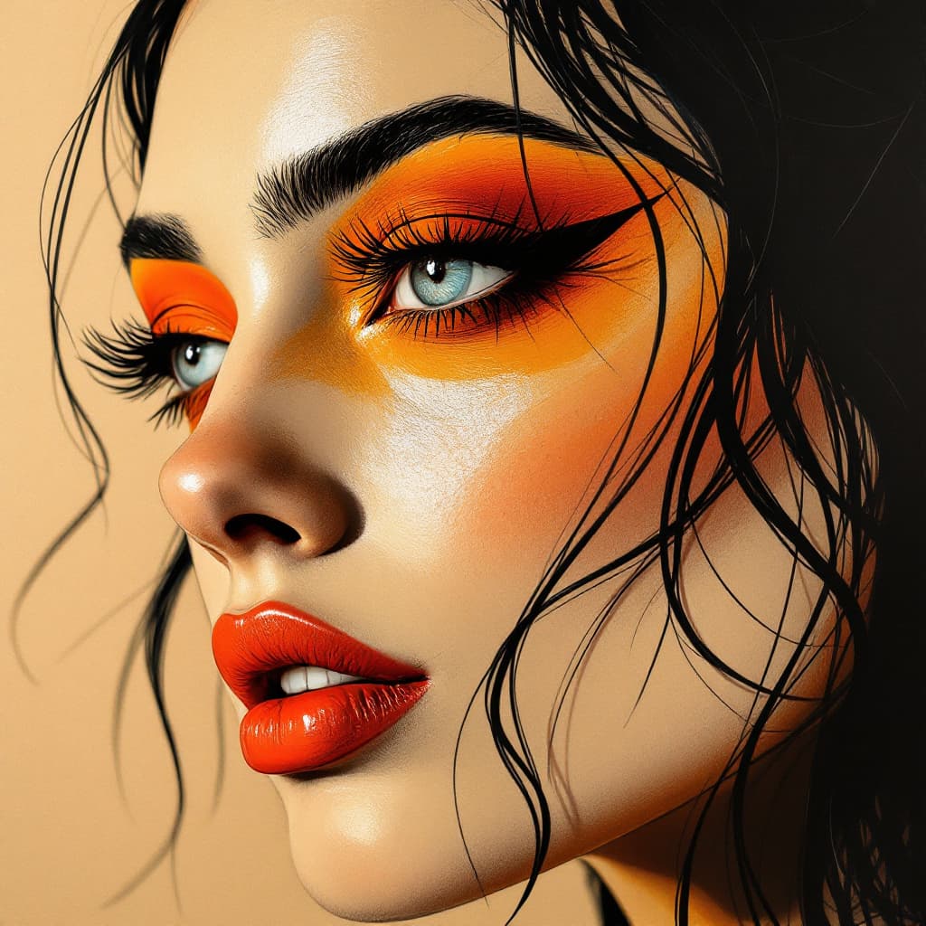 AI generated: a drawing of a woman's face with a red eyeshadow, in the style of bold colorful lines, dark beige an...