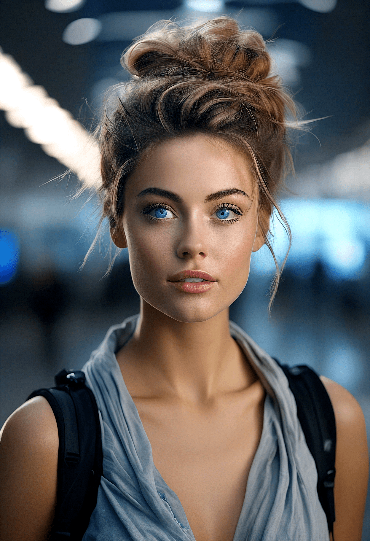 AI generated: A highly realistic, beautiful woman with messy bun hair and blue eyes, airport indoor background, dr...