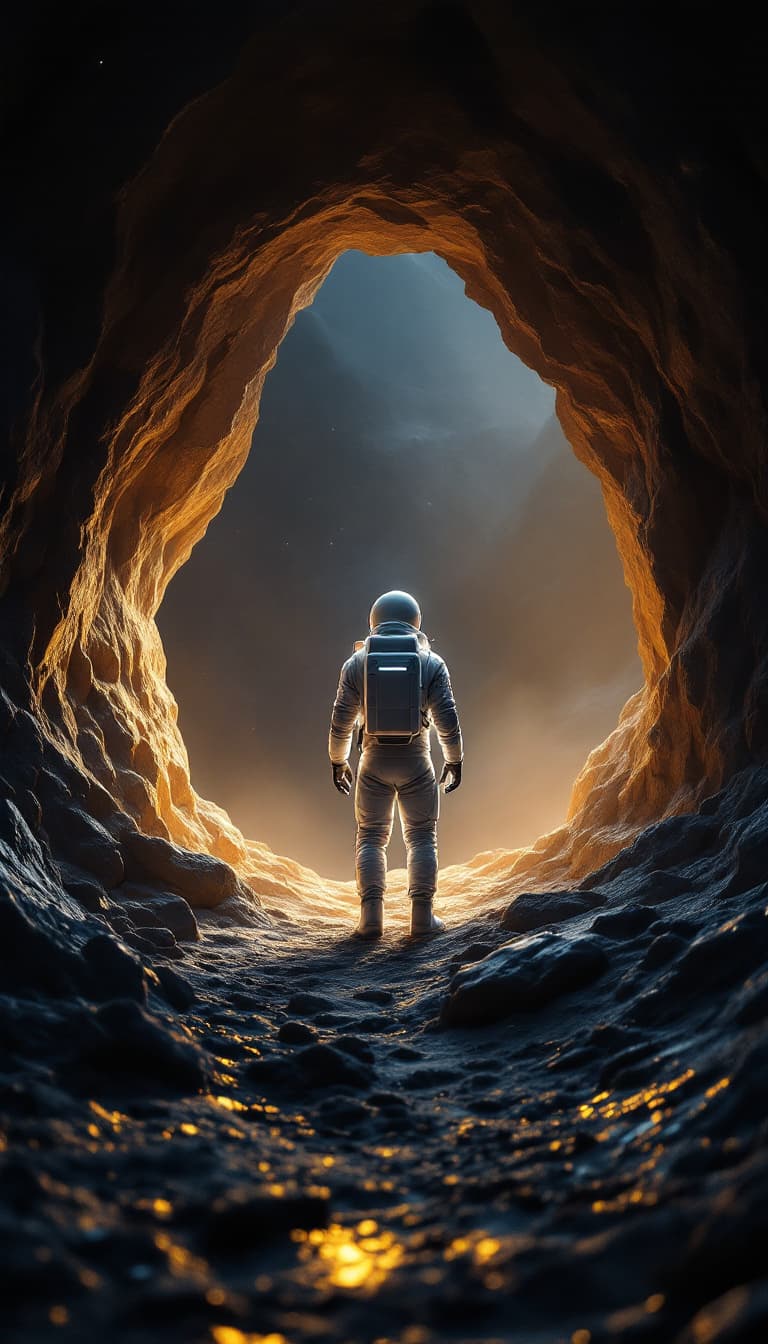 AI generated: A human astronaut with white hair, wearing a modern, clean space suit, is inspecting a newly discove...