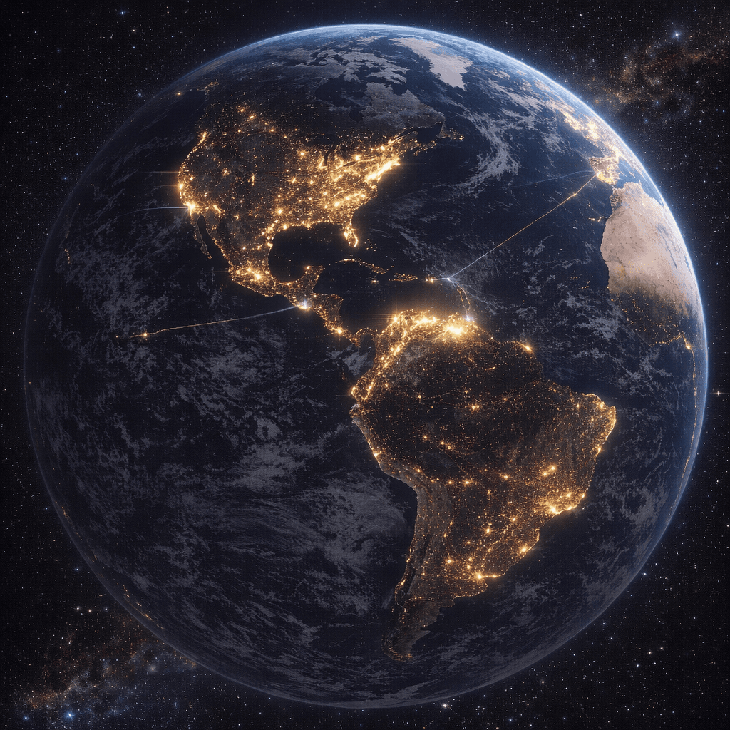 AI generated: Copy the reference images and create an orbital view of Earth from space, Western Hemisphere centere...