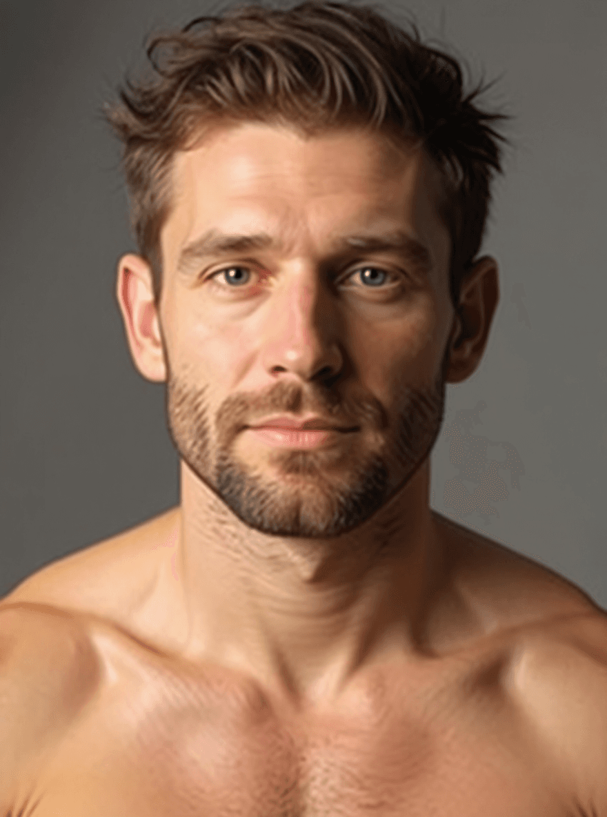 AI generated: Portrait hyper-réaliste d’un homme musclé d’environ 30 ans, torse nu, dans un espace intérieur neutr...