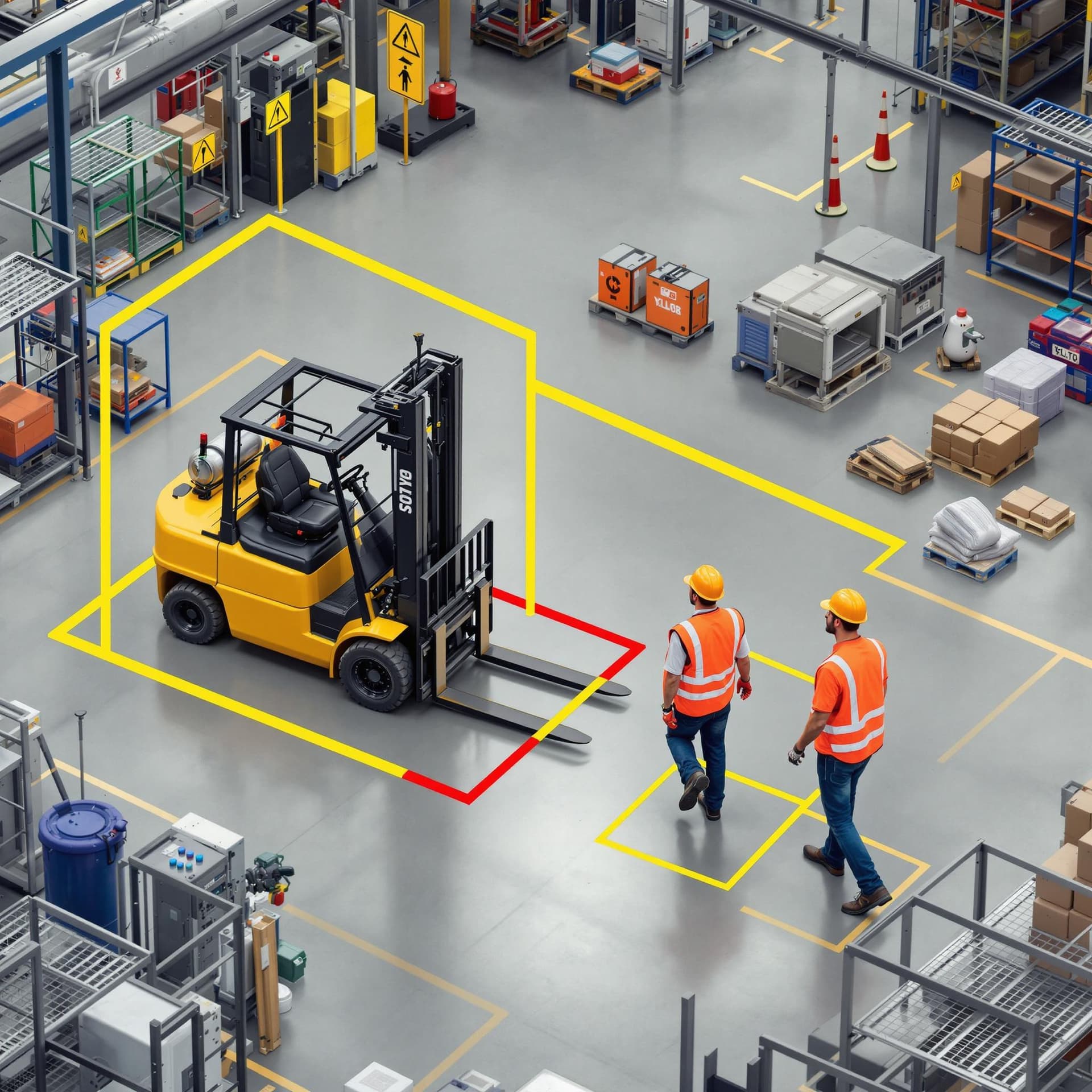 AI generated: A high-resolution image depicting a near-miss situation in a busy manufacturing site where an autono...