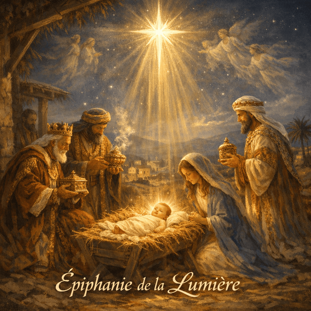 AI generated: A sacred and cinematic depiction of the Epiphany (Matthew 2) in a serene, luminous, and spiritual st...