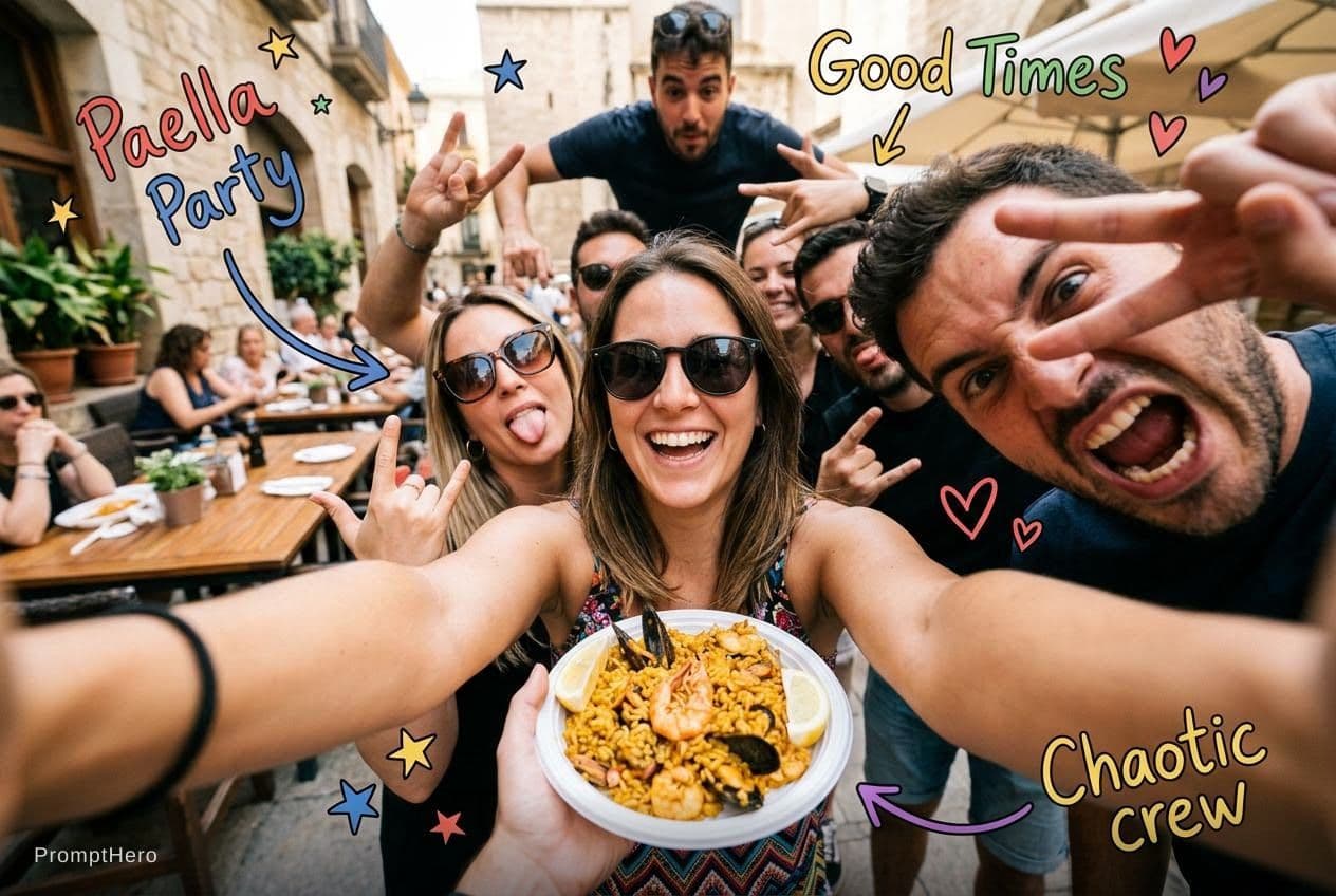 AI generated: A chaotic, ultra-realistic selfie on a sunny outdoor terrace. The main character takes a wide-angle ...