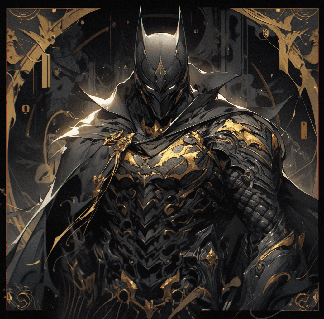 AI generated: a black and gold batman costume on a dark background, in the style of aleksi briclot, hieratic visio...