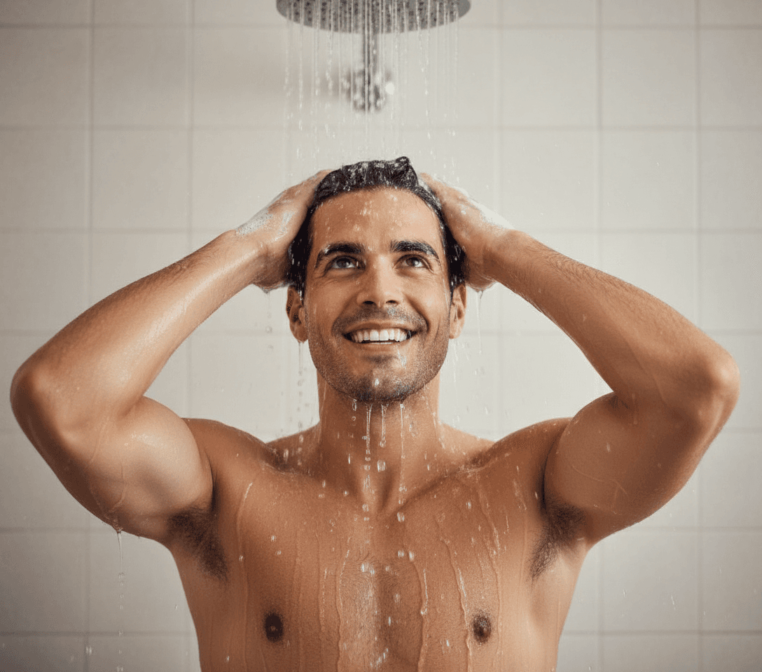 AI generated: The Hispanic male is taking a shower with his head up right looking up with the water falling on him...