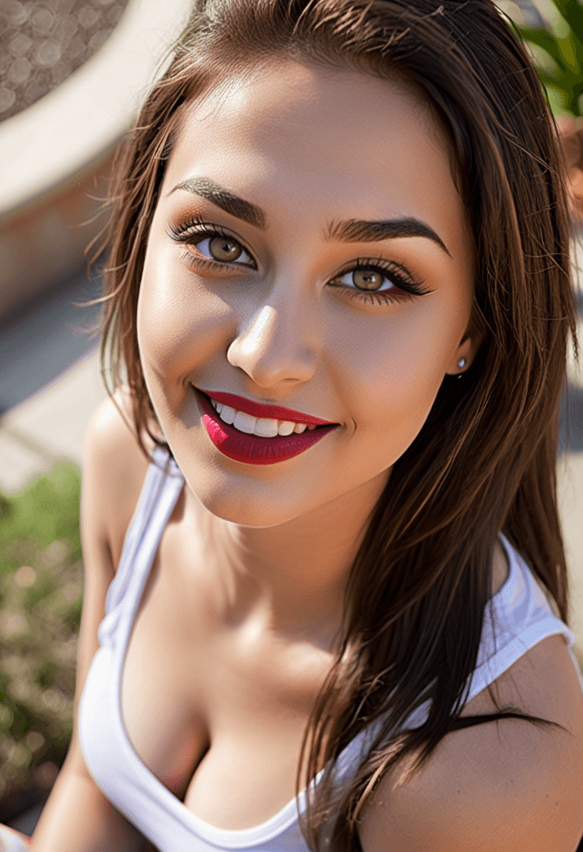 AI generated: photograph of a woman sitting outside, high angle, lipstick and light eye makeup, tank top, hazel ey...