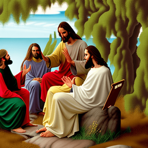 AI generated: Jesus sitting talking to people in a place with little vegetation